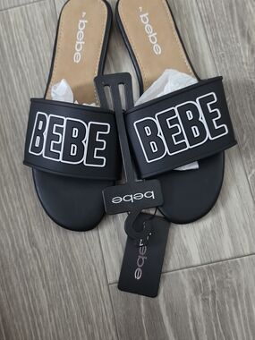 bebe Black Slide Sandals with White Logo